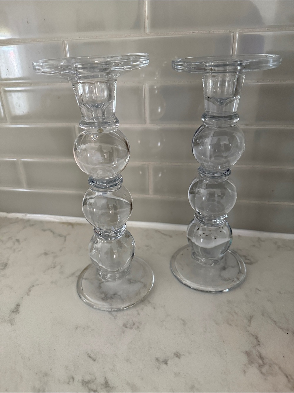 Vintage Clear Glass Stacked Bubble Orb Candlestick Holders - Set of 2